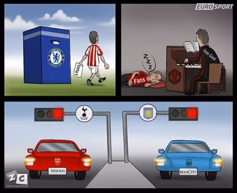 Fan buồn ngủ trước bản nhạc của Van Gaal, cả 2 chiếc xe Arsenal và ManCity đều gặp đèn đỏ.