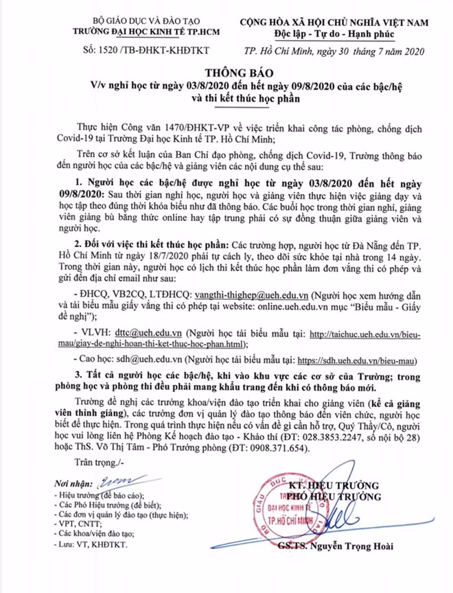 Thông báo của nhà trường về việc nghỉ học từ ngày 03/8/2020 đến hết ngày 09/8/2020