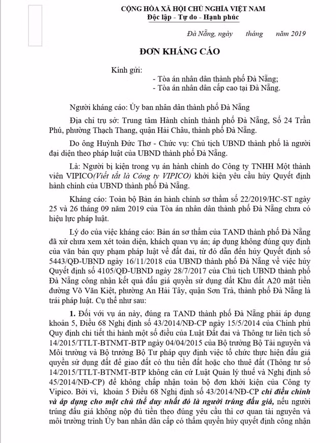 Chủ tịch UBND TP Đà Nẵng có đơn kháng cáo toàn bộ bản án sơ thẩm trong vụ kiện đòi khu đất vàng...
