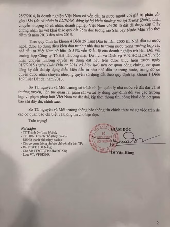 Thông cáo báo chí của Sở Tài nguyên và Môi trường TP Đà Nẵng về quyền sử dụng đất liên quan đến yếu tố nước ngoài.