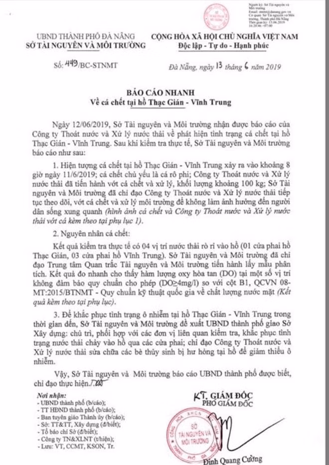 Sở Tài nguyên và Môi trường TP Đà Nẵng đã có kết quả nguyên nhân hàng tấn cá chết nổi trắng, gây ô nhiễm nghiêm trọng tại hồ điều tiết Thạc Gián và Vĩnh Trung là do thời tiết nắng nóng kéo dài làm giảm lượng ôxy hòa tan trong nước.