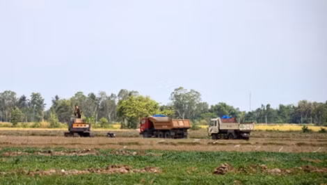 Từng đoàn xe ben, xe cuốc đang hằng ngày “tùng xẻo” đất mặt ruộng ở Sóc Trăng.