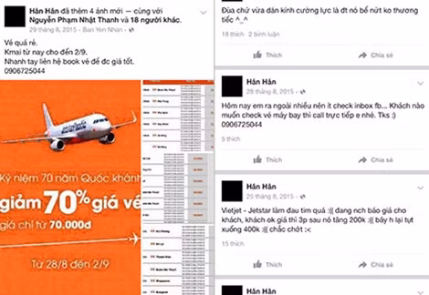 Thảo sử dụng tài khoản Facebook "Hân Hân" để đăng thông tin bán vé máy bay giá rẻ.