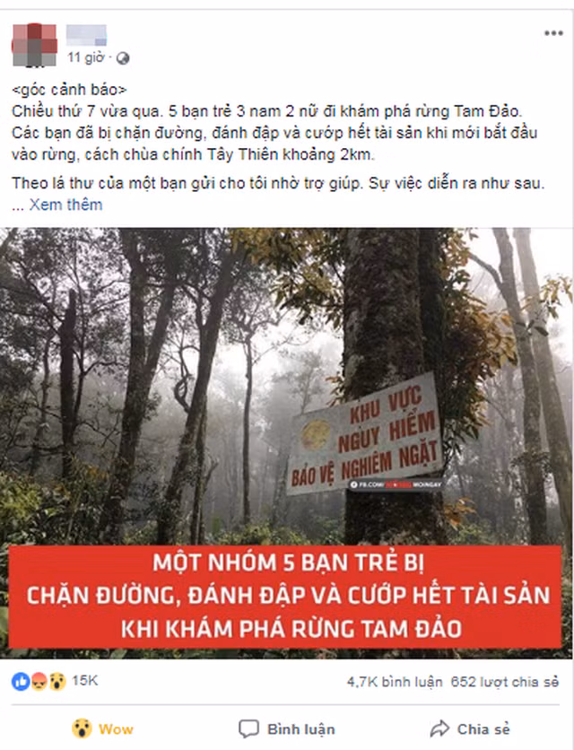 Thông tin nhóm khách du lịch bị đánh đập, cướp tài sản ở Tam Đảo chia sẻ trên mạng xã hội