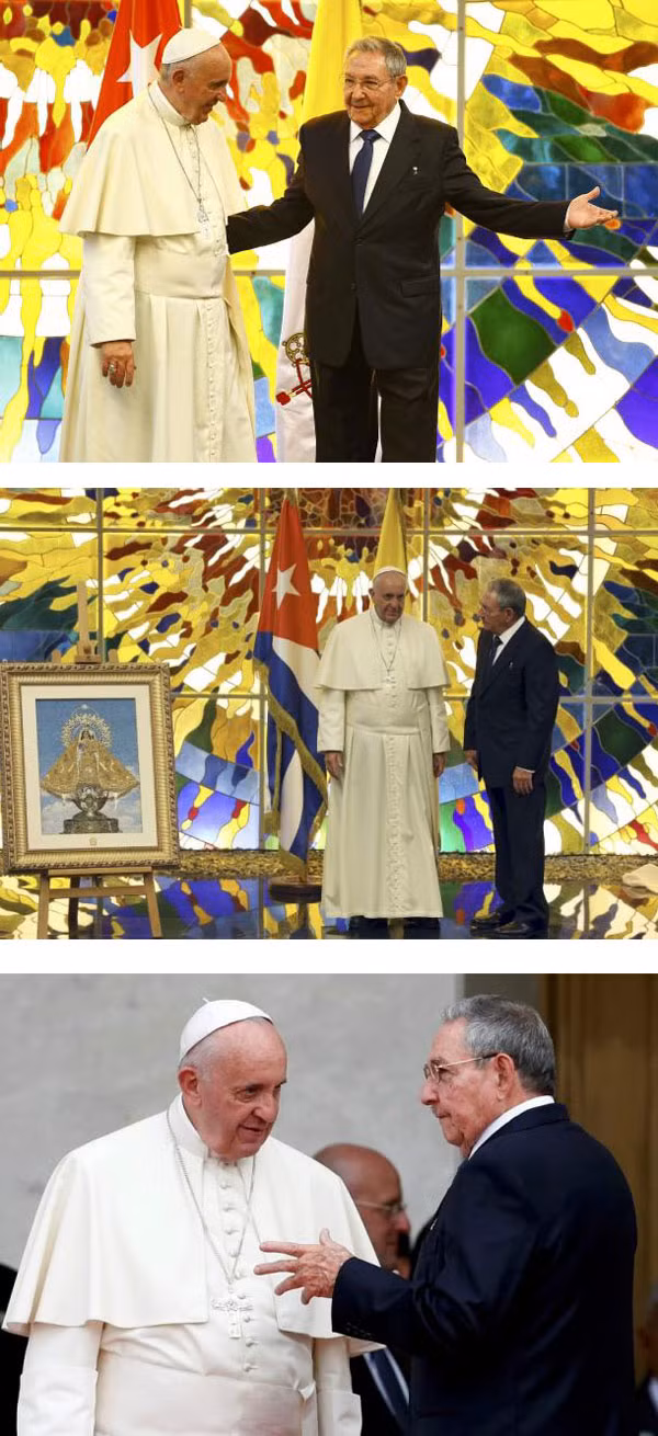 Chủ tịch Cuba Raul Castro (phải) và Giáo hoàng Francis I.