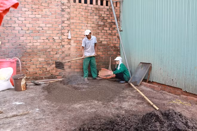 Ông Lệ và bà Cúc đang trộn hợp chất vừa nấu xong vào đống hạt tiêu lép để trộn đều cho kết dính vào hạt tiêu