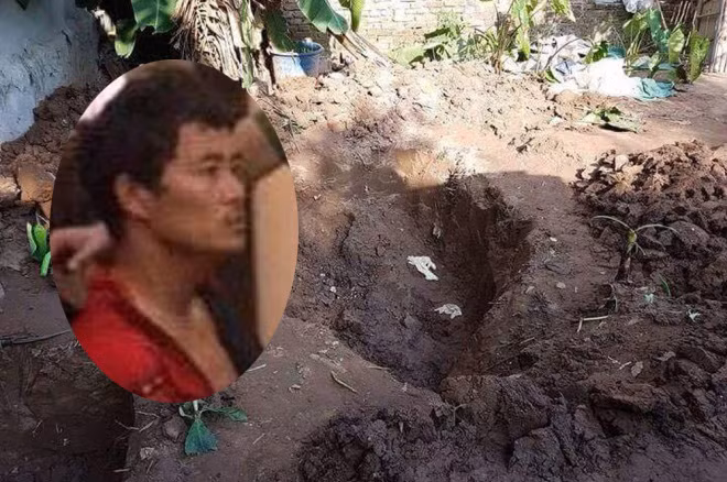 Đối tượng Hùng và nơi chôn 2 cháu bé trong khu vườn.