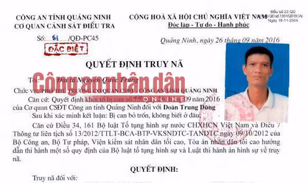 Lệnh truy nã Doãn Trung Dũng Lệnh truy nã Doãn Trung Dũng