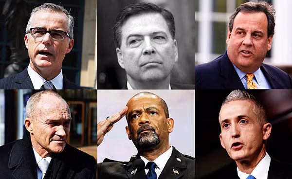 Cựu Giám đốc FBI James Comey (giữa hàng trên) và 5 trong số các ứng cử viên cho vị trí Giám đốc FBI gồm Chris Christie, Trey Gowdy, David Clarke, Ray Kelly và Andrew McCabe. Ảnh: NY Daily News. Cựu Giám đốc FBI James Comey (giữa hàng trên) và 5 trong số các ứng cử viên cho vị trí Giám đốc FBI gồm Chris Christie, Trey Gowdy, David Clarke, Ray Kelly và Andrew McCabe. Ảnh: NY Daily News.
