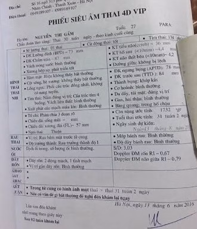 Giấy xét nghiệm, siêu âm chuẩn đoán sức khỏe sản phụ và trẻ sơ sinh khỏe mạnh trước đó.
