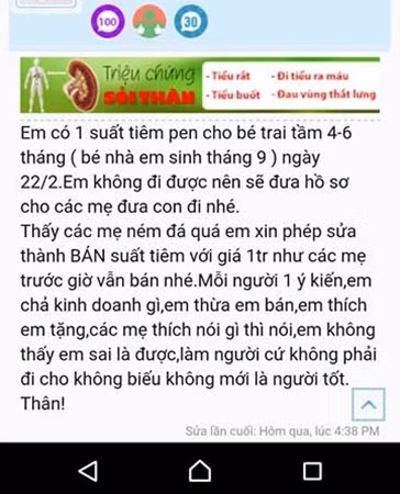 Mẩu tin rao bán vaccine Pentaxim trên mạng.