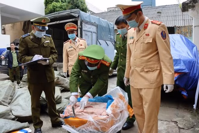 Cả 2 xe đều đang vận chuyển nầm lợn cấp đông đã có dấu hiệu hỏng mốc với tổng trọng lượng lên đến 3,3 tấn.