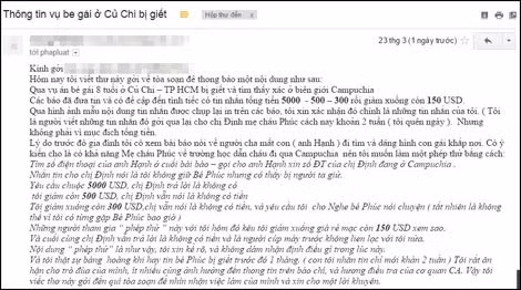 Người tên H.V.Đ. đã viết thư tự nhận mình là chủ nhân của tin nhắn "tống tiền" 5.000 USD. Người tên H.V.Đ. đã viết thư tự nhận mình là chủ nhân của tin nhắn "tống tiền" 5.000 USD.