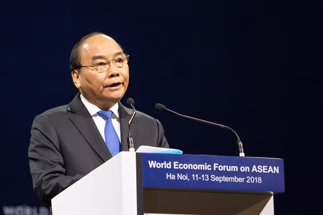 Thủ tướng Nguyễn Xuân Phúc phát biểu tại Hội nghị WEF ASEAN 2018 với chủ đề "ASEAN 4.0: Tinh thần doanh nghiệp và Cách mạng Công nghiệp 4.0". Ảnh: WEF