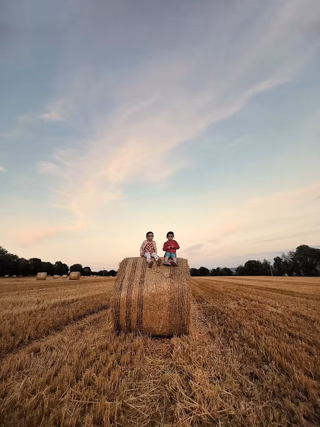 Một cặp song sinh người Ireland trên những cuộn rơm vàng khổng lồ vào buổi xế chiều