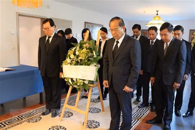 Đại sứ Dương Chí Dũng, Trưởng Phái đoàn thường trực Việt Nam tại Geneva cùng Đại sứ, Trưởng Phái đoàn Lào tại Geneva, ông Kham-Inh Khitchadeth và các cán bộ nhân viên Phái đoàn Lào tại Lễ viếng Chủ tịch nước Trần Đại Quang, ngày 26/9. (Ảnh: Hoàng Hoa/TTXVN)