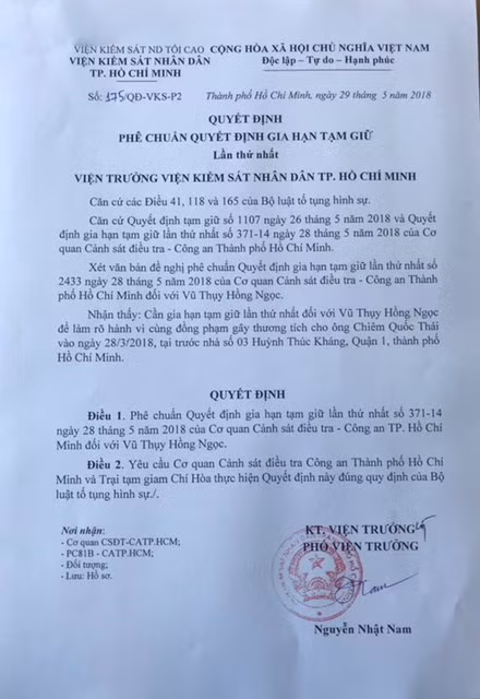 Quyết định phê chuẩn Quyết định gia hạn tạm giữ lần thứ nhất đối với bị can Vũ Thụy Hồng Ngọc.