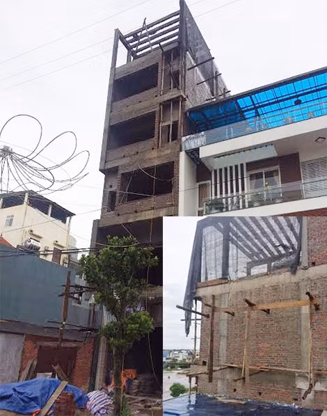 Hiện trường xảy ra vụ tai nạn và ngôi nhà 6 tầng của bà Đoàn Thị Lai đang xây dựng.