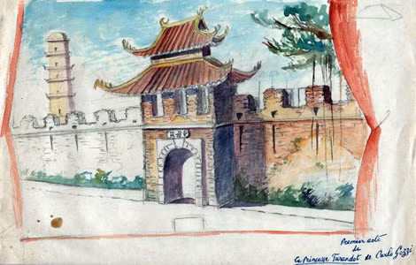 Phác họa trang trí cho vở "Công chúa Turandot" do C. Bourrin dàn dựng tại Nhà hát Lớn Hà Nội năm 1926. Phác họa trang trí cho vở "Công chúa Turandot" do C. Bourrin dàn dựng tại Nhà hát Lớn Hà Nội năm 1926.