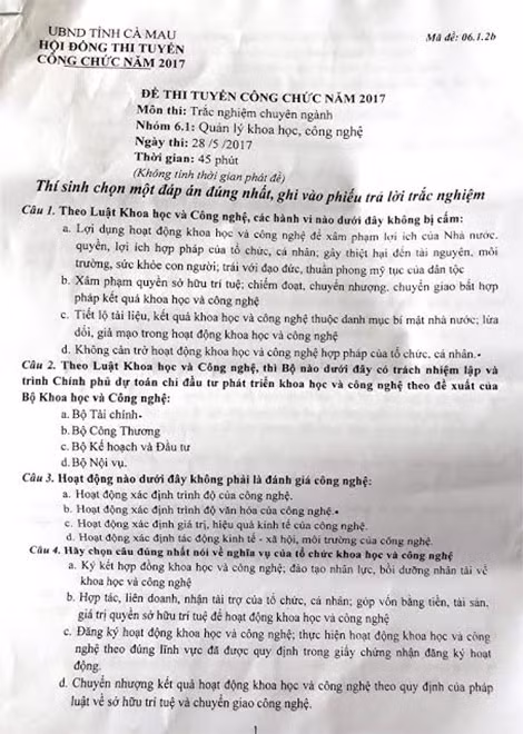 Đề thi tuyển công chức năm 2017 của tỉnh Cà Mau.