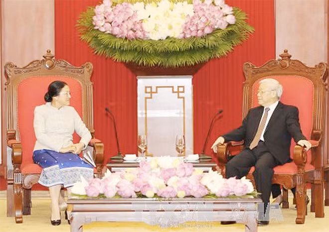 Tổng Bí thư Nguyễn Phú Trọng tiếp Chủ tịch Quốc hội Lào Pany Yathotou. Ảnh: TTXVN