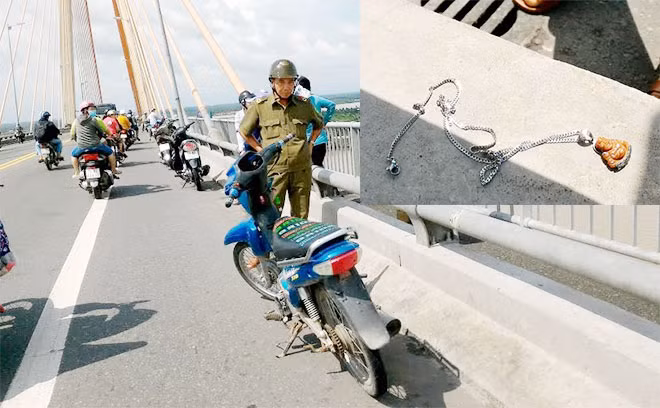 Hiện trường vụ việc và sợi dây chuyền anh D. gởi lại N. giữ trước khi lao mình xuống sông Tiền.