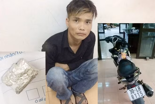 Đối tượng bị bắt giữ cùng tang vật heroin và chiếc xe máy mang BKS giả.
