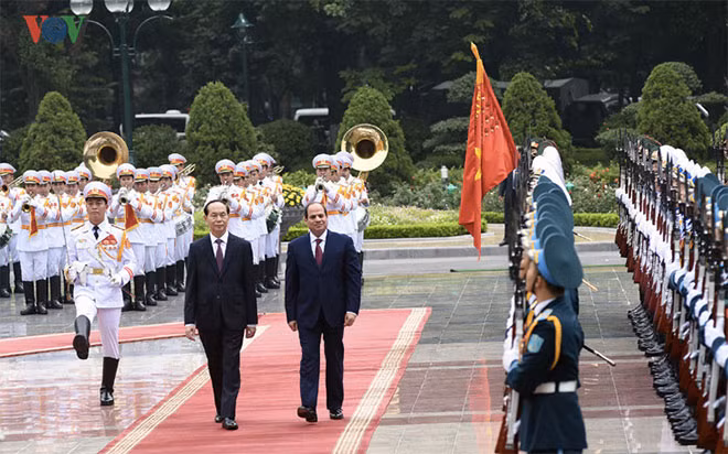 Chủ tịch nước Trần Đại Quang và Tổng thống Ai Cập Abdel Fattah Al Sisi duyệt đội danh dự.