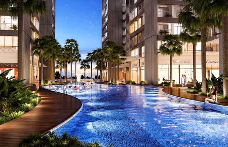 Bể bơi ngoài trời với chiều dài 80m mang lại cuộc sống thư giãn đậm chất resort.