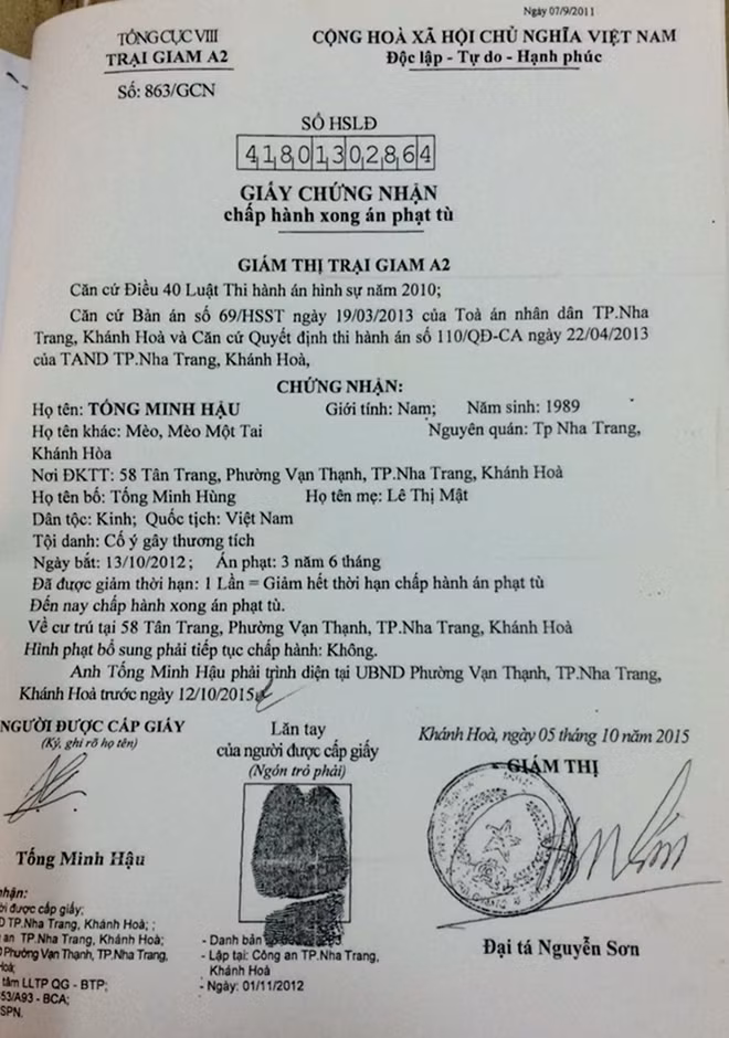 Giấy chứng nhận chấp hành xong án phạt tù gần đây nhất của Tống Minh Hậu