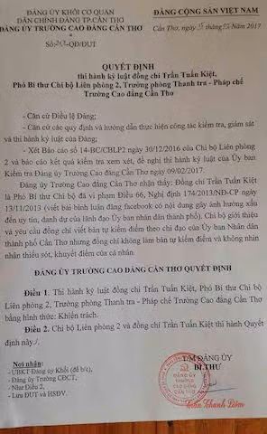 Quyết định kỷ luật ông Kiệt do Hiệu trưởng, Bí thư Đảng uỷ Trường Cao đẳng Cần Thơ ký.