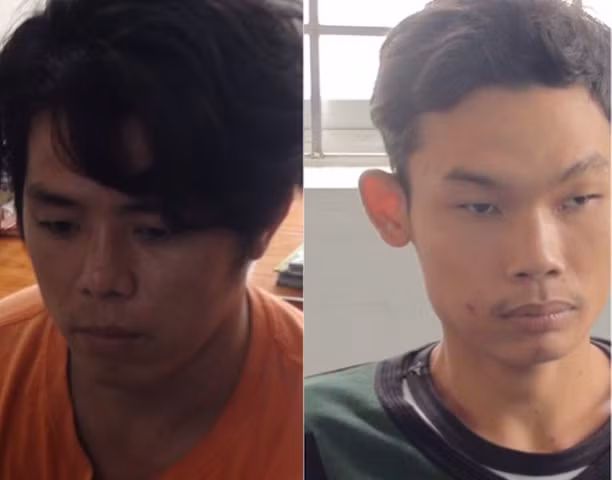 Kép (áo cam) và Tuấn tại cơ quan điều tra. Ảnh CQĐT.