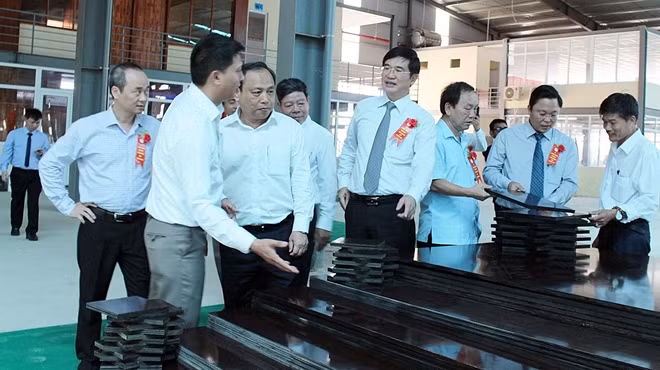 Lãnh đạo tỉnh Quảng Nam tham quan dây chuyền sản xuất tại nhà máy chế biến gỗ.