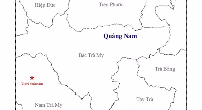 Vị trí chấn tâm trận động đất ngày 1-3 trên địa bàn tỉnh Quảng Nam được ghi nhận.
