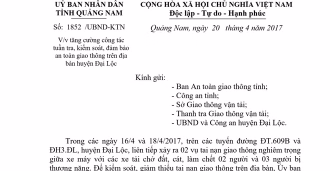 Công văn của UBND tỉnh Quảng Nam nhằm lập lại TTATGT trên địa bàn huyện Đại Lộc.