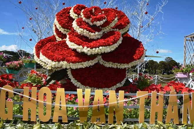 Làng hoa Vạn Thành với sản phẩm hoa hồng nổi tiếng đã trang trí một tiểu cảnh rộng khoảng 100m2 khá đặc sắc, nổi bật nhất là bông hoa hồng đỏ khổng lồ, có đường kính hơn 1,5m, cao gần 2m. Bông hoa có một không hai này được hợp thành từ hàng nghìn bông hồng đỏ và trắng.