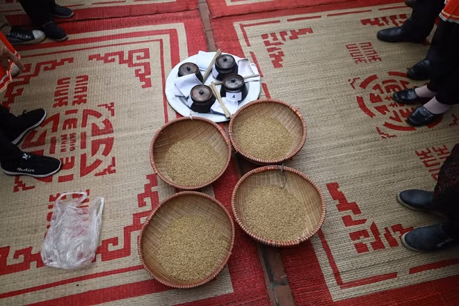 Tế vật cho thành Hoàng làng là thóc và bốn nồi bé chia cho bốn đội thi