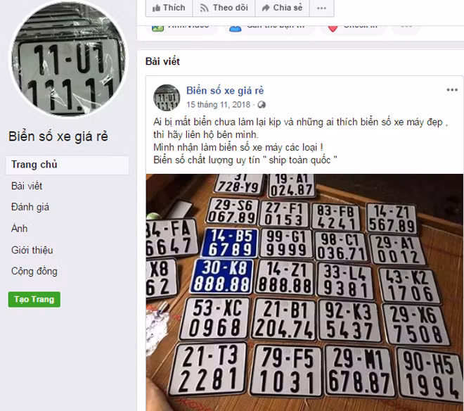 Một trang fanpage rao bán công khai làm biển số xe giả.