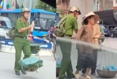 Nam sinh Đại học Cảnh sát PCCC Đức Việt gánh rau giúp 2 cụ già băng qua đường (ảnh cắt clip).