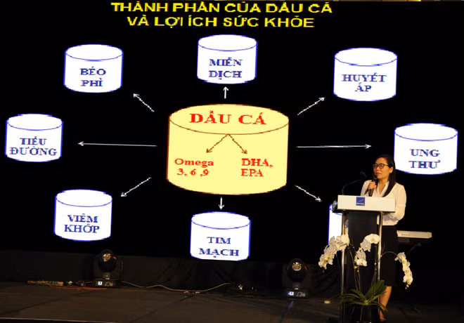 PGS.TS Trương Tuyết Mai, Phó Viện trưởng Viện Dinh dưỡng Quốc gia trình bày những lợi ích của dầu ăn chiết xuất từ tinh dầu cá.