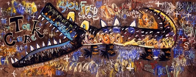 Tác phẩm “Giải phóng” (sơn dầu + Oil stick + Oil powder + Heavy body acrylic trên toan, 200 cm x 500 cm, 2015) của Lê Kinh Tài. Ảnh: Châu Hậu Hy.