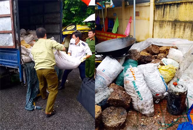 Các cơ quan chức năng thu giữ tang vật mỡ bẩn - Hình ảnh tại cơ sở sản xuất mỡ bẩn