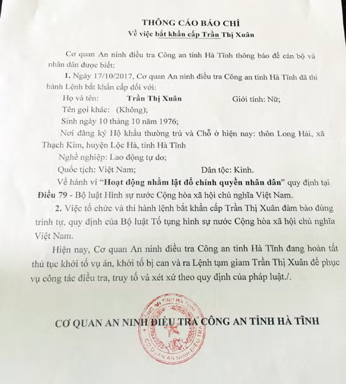 Thông cáo báo chí về lệnh bắt khẩn cấp Trần Thị Xuân.
