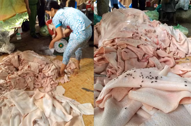 Số bì lợn ngâm hóa chất lẫn với ruồi bị thu giữ. Số bì lợn ngâm hóa chất lẫn với ruồi bị thu giữ.