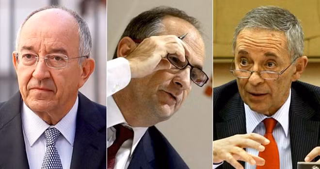 Từ trái qua: Miguel Ángel Fernández Ordóñez (Mafo), Fernando Restoy và Julio Segura - 3 quan chức cấp cao phải hầu tòa vì để Bankia niêm yết. Từ trái qua: Miguel Ángel Fernández Ordóñez (Mafo), Fernando Restoy và Julio Segura - 3 quan chức cấp cao phải hầu tòa vì để Bankia niêm yết.