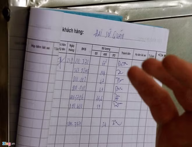 Nhân viên thống kê lượng xăng vừa đổ cho 7 xe.