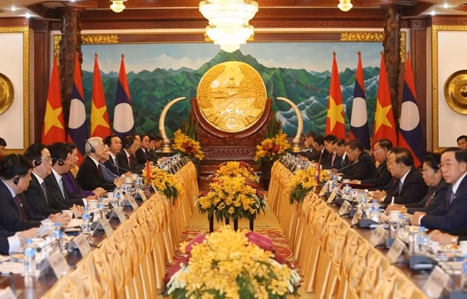 Tổng Bí thư, Chủ tịch nước Nguyễn Phú Trọng hội đàm với Tổng Bí thư, Chủ tịch nước Lào Bounnhang Vorachith. (Ảnh: Trí Dũng/TTXVN)