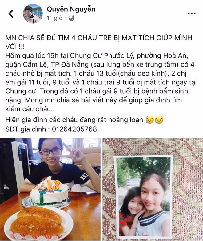 Gia đình các cháu bé đưa thông tin tìm kiếm con bị mất tích lên mạng xã hội nhờ giúp đỡ.