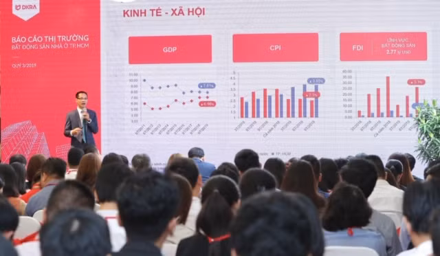 Ông Nguyễn Hoàng - Giám đốc bộ phận R&D DKRA Vietnam trình bày diễn biến thị trường trong thời gian qua, đồng thời đưa ra dự báo cho Quý 4/2019. Ông Nguyễn Hoàng - Giám đốc bộ phận R&D DKRA Vietnam trình bày diễn biến thị trường trong thời gian qua, đồng thời đưa ra dự báo cho Quý 4/2019.