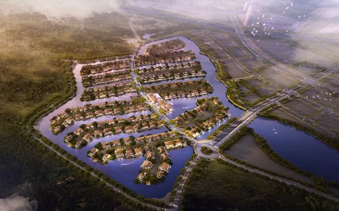 Quần thể biệt thự đảo Ecopark Grand với hình thái mỗi đảo là một dải đất vươn dài ra mặt nước.